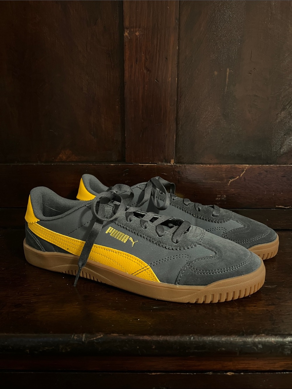 Puma Gray Suede Low-Top Sneakers with Yellow Formstrip